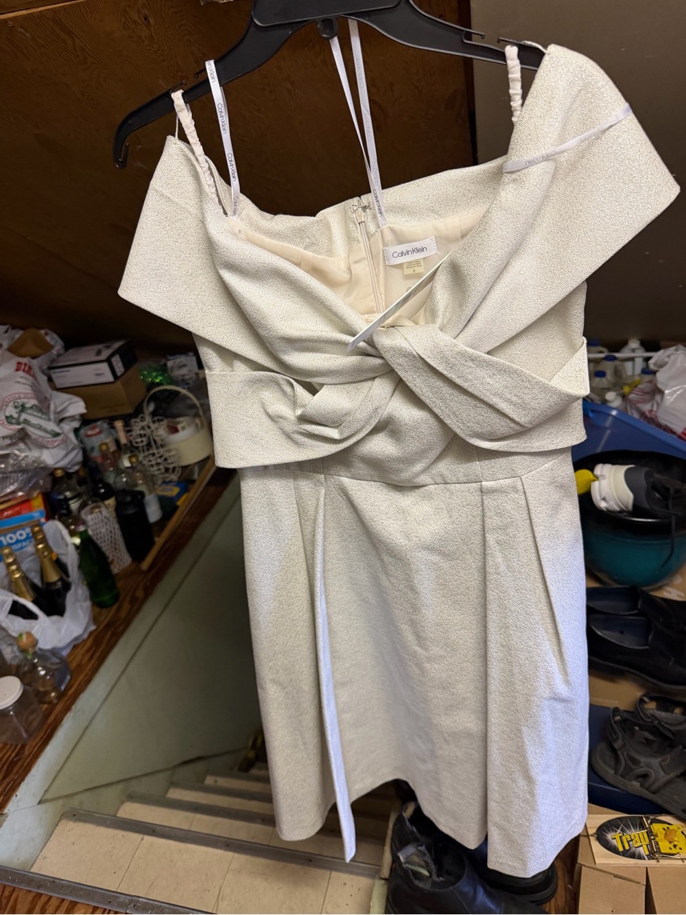 Calvin Klein Ivory One-Shoulder Knot Cocktail Dress